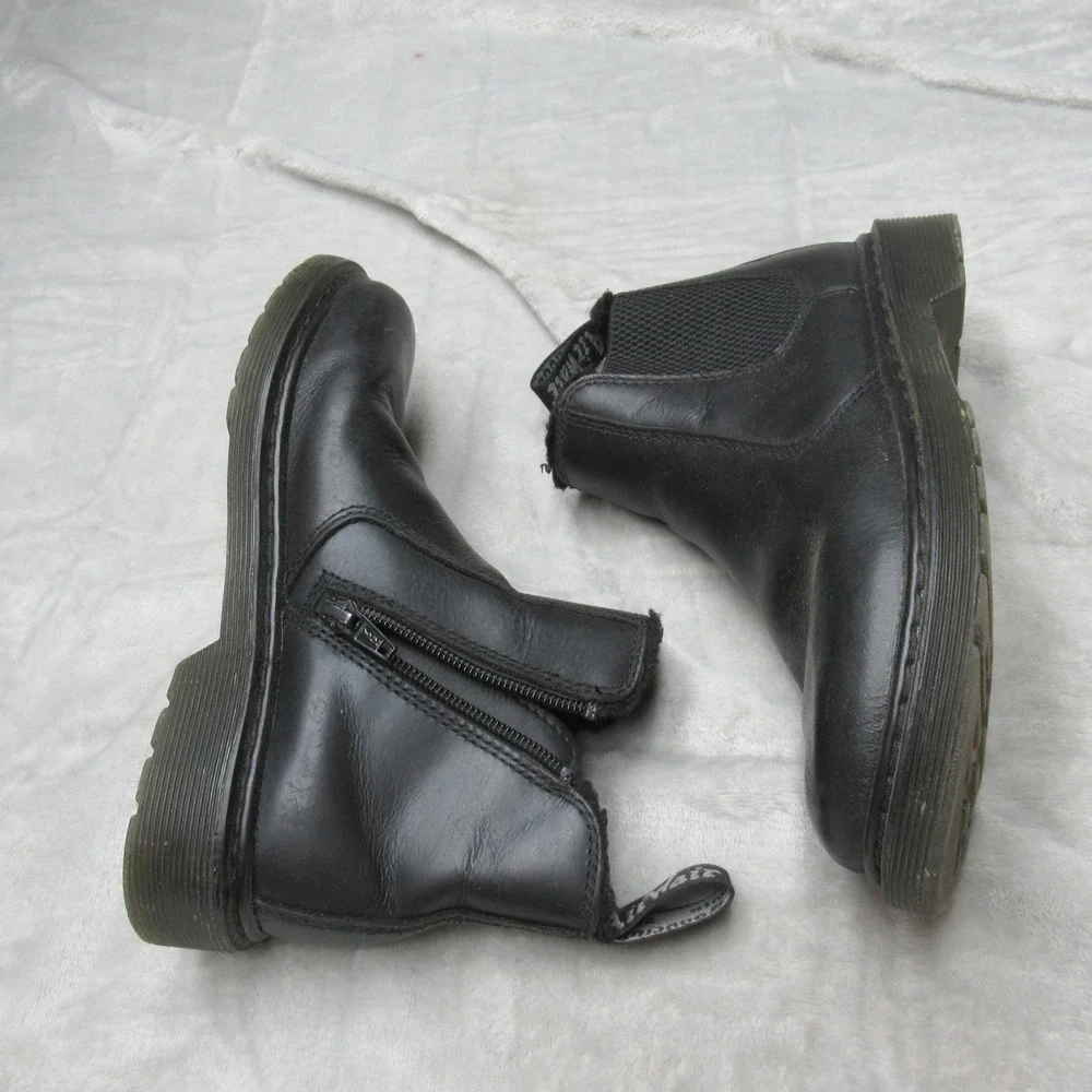 Dr Martens‎ Kids Boot 3 Black Leather Side Zip Faux Fur Line Ankle Leonore Mono